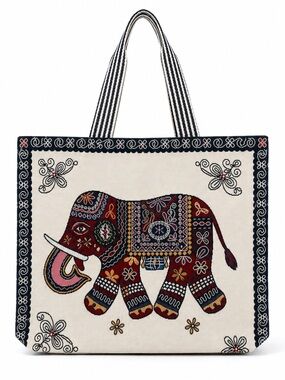 Thai Elephant Woven Tote Bag Black Border Large Zipper Shoulder Bag
